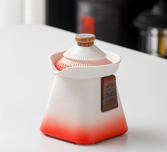 Artisan Ceramic Tea Pot with Built-in Strainer - 280ml, Gradient Finish & Wooden Accents(White+red) V888-ELOSUNG29958