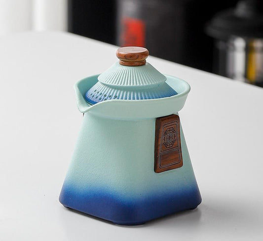 Artisan Ceramic Tea Pot with Built-in Strainer - 280ml, Gradient Finish & Wooden Accents(Blue+green) V888-ELOSUNG29959