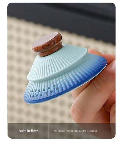 Artisan Ceramic Tea Pot with Built-in Strainer - 280ml, Gradient Finish & Wooden Accents(Blue+green) V888-ELOSUNG29959