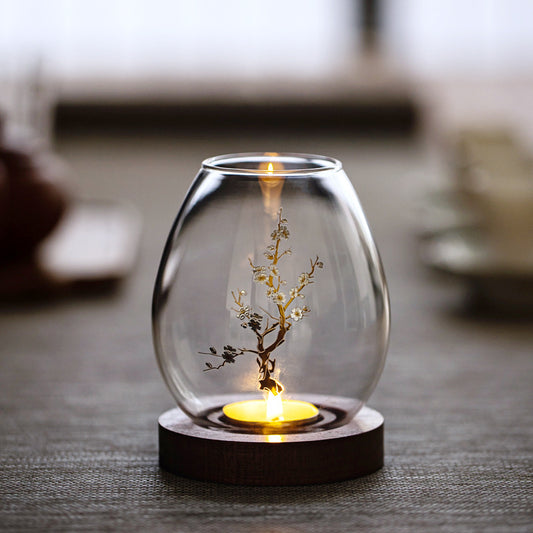 Windproof Glass Candle Cover with Wood Base - For Tealights, Zen Home Accent (Plum blossom candlestick) V888-ELOSUNG31011