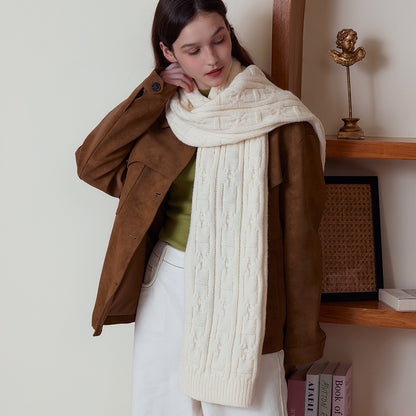 White Classic Textured Knit Scarf - Solid Color, Premium Soft Feel, Winter (176x26.5cm) V888-ELOSUNG31020