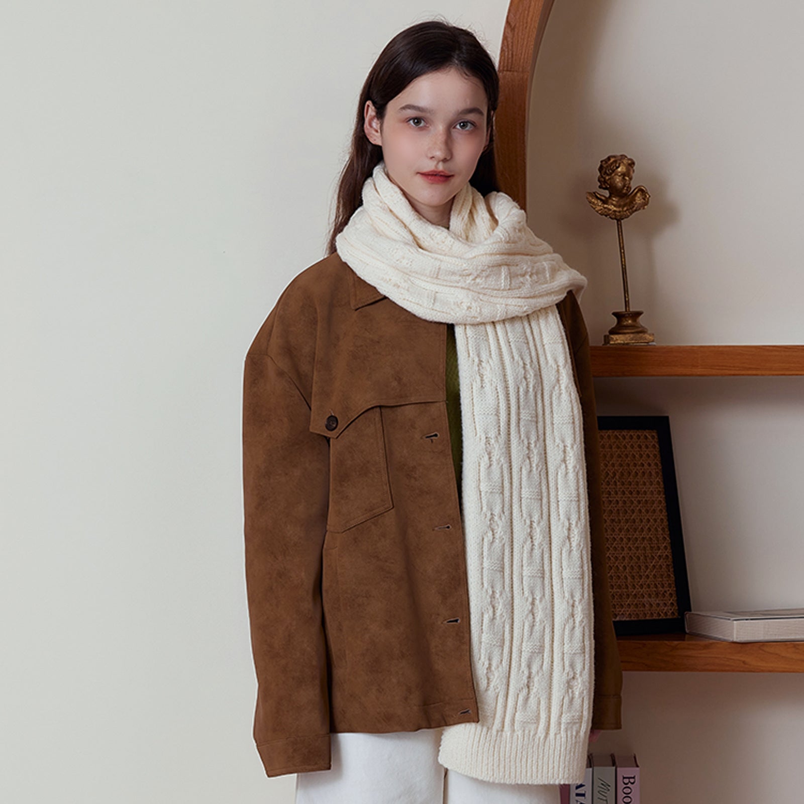 White Classic Textured Knit Scarf - Solid Color, Premium Soft Feel, Winter (176x26.5cm) V888-ELOSUNG31020