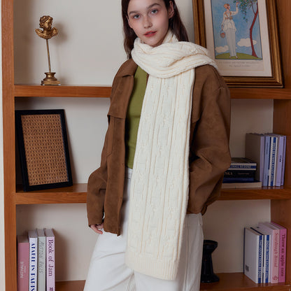 White Classic Textured Knit Scarf - Solid Color, Premium Soft Feel, Winter (176x26.5cm) V888-ELOSUNG31020