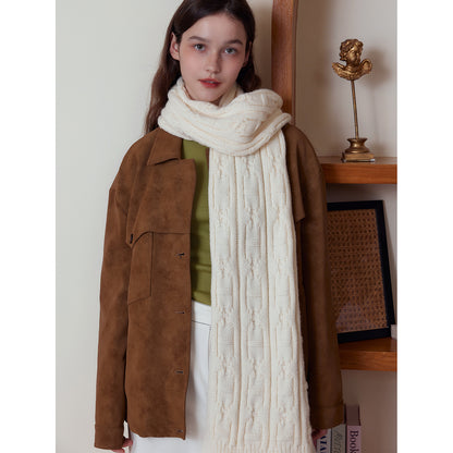 White Classic Textured Knit Scarf - Solid Color, Premium Soft Feel, Winter (176x26.5cm) V888-ELOSUNG31020