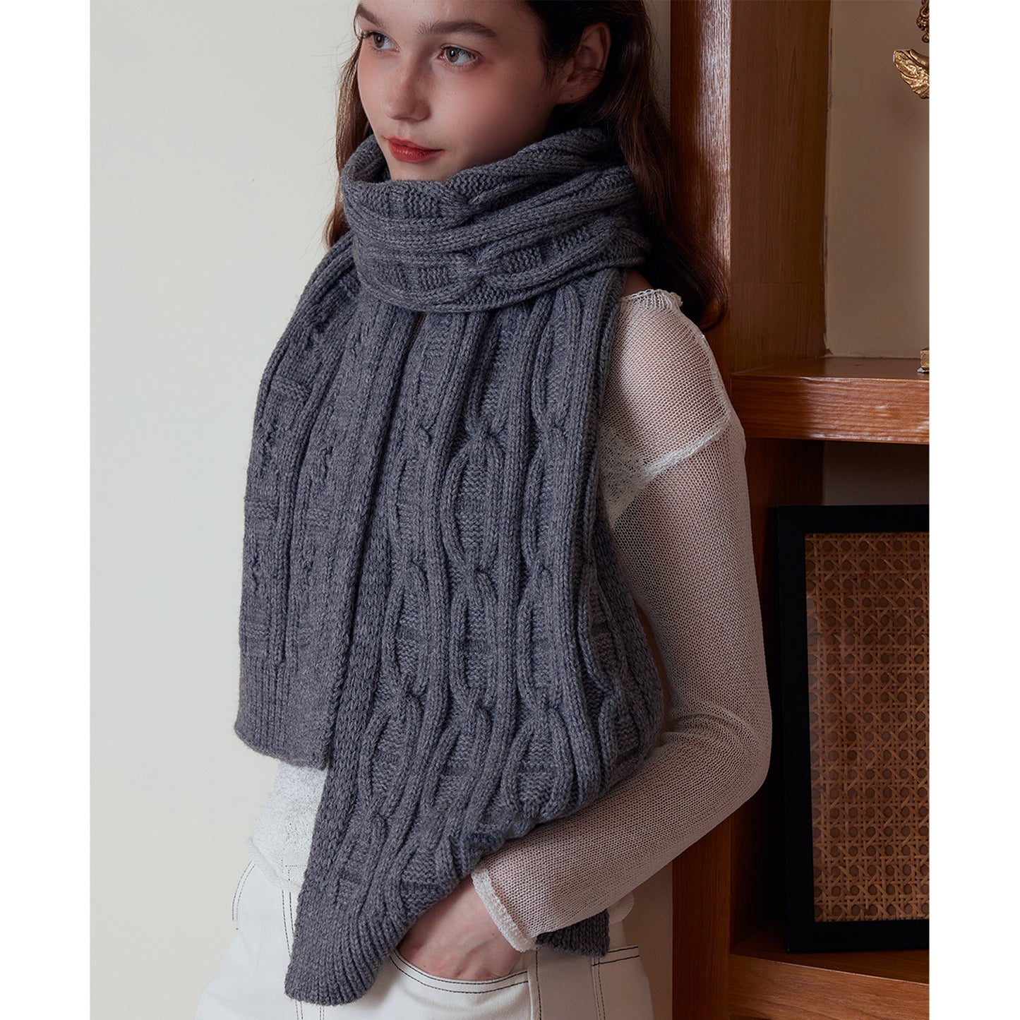 Gray Classic Textured Knit Scarf - Solid Color, Premium Soft Feel, Winter (176x26.5cm) V888-ELOSUNG31021