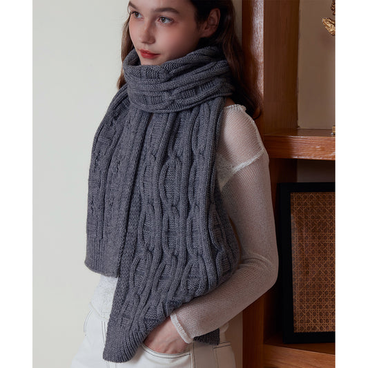 Gray Classic Textured Knit Scarf - Solid Color, Premium Soft Feel, Winter (176x26.5cm) V888-ELOSUNG31021