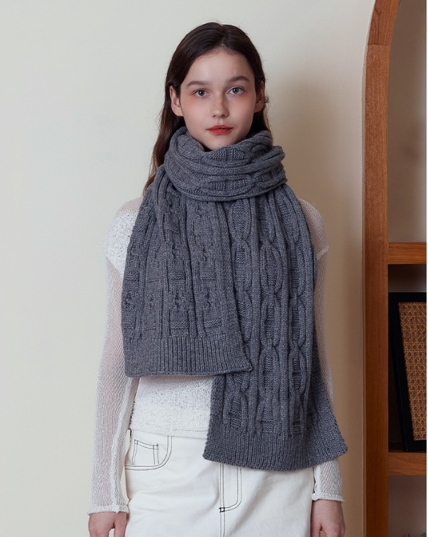 Gray Classic Textured Knit Scarf - Solid Color, Premium Soft Feel, Winter (176x26.5cm) V888-ELOSUNG31021