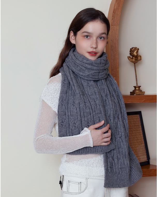Gray Classic Textured Knit Scarf - Solid Color, Premium Soft Feel, Winter (176x26.5cm) V888-ELOSUNG31021