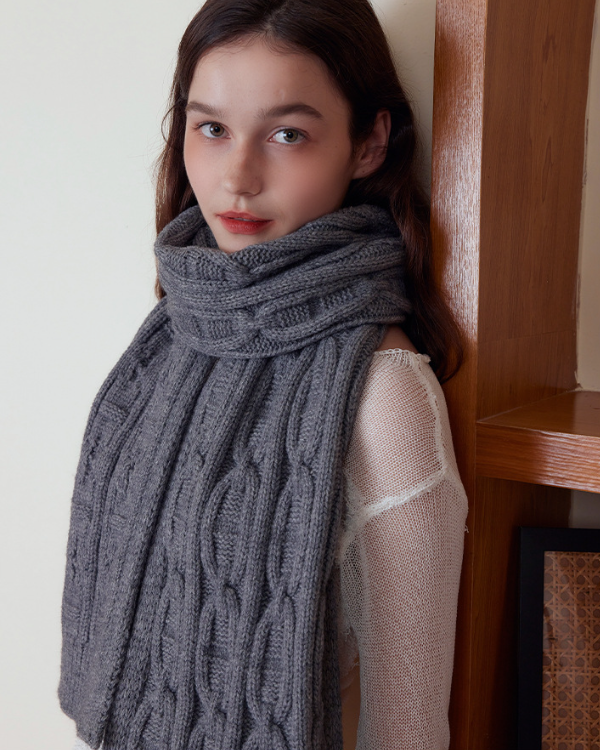 Gray Classic Textured Knit Scarf - Solid Color, Premium Soft Feel, Winter (176x26.5cm) V888-ELOSUNG31021