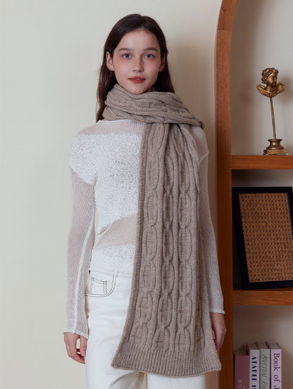 Khaki Classic Textured Knit Scarf - Solid Color, Premium Soft Feel, Winter (176x26.5cm) V888-ELOSUNG31022