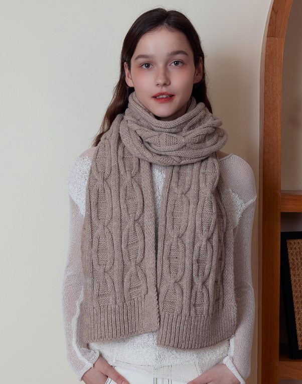 Khaki Classic Textured Knit Scarf - Solid Color, Premium Soft Feel, Winter (176x26.5cm) V888-ELOSUNG31022
