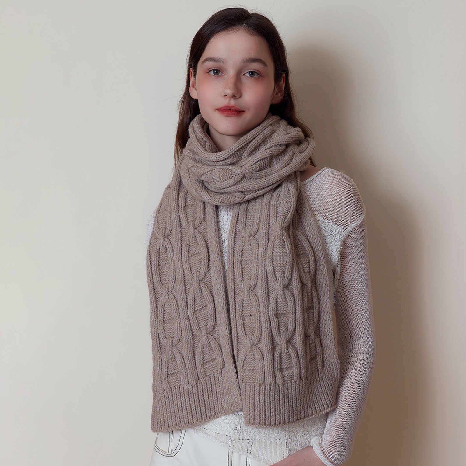 Khaki Classic Textured Knit Scarf - Solid Color, Premium Soft Feel, Winter (176x26.5cm) V888-ELOSUNG31022
