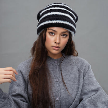 Trendy Dual-Tone Striped Beanie - Soft Plush Knit, Versatile Winter Cap (Black and white) V888-ELOSUNG31023