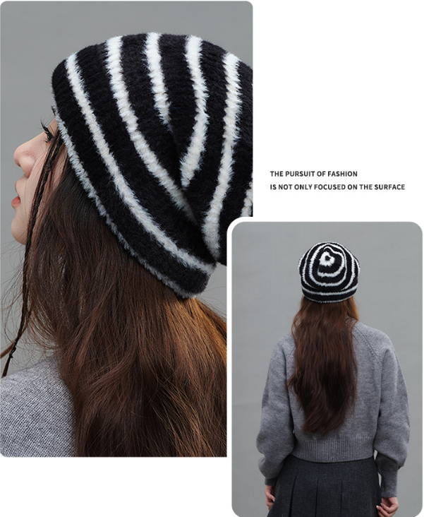Trendy Dual-Tone Striped Beanie - Soft Plush Knit, Versatile Winter Cap (Black and white) V888-ELOSUNG31023