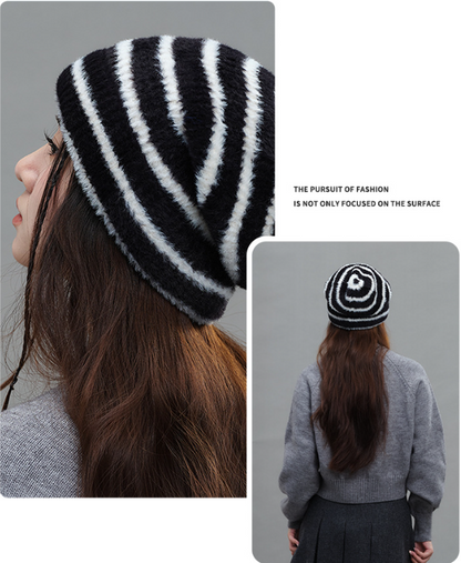 Trendy Dual-Tone Striped Beanie - Soft Plush Knit, Versatile Winter Cap (Black and white) V888-ELOSUNG31023