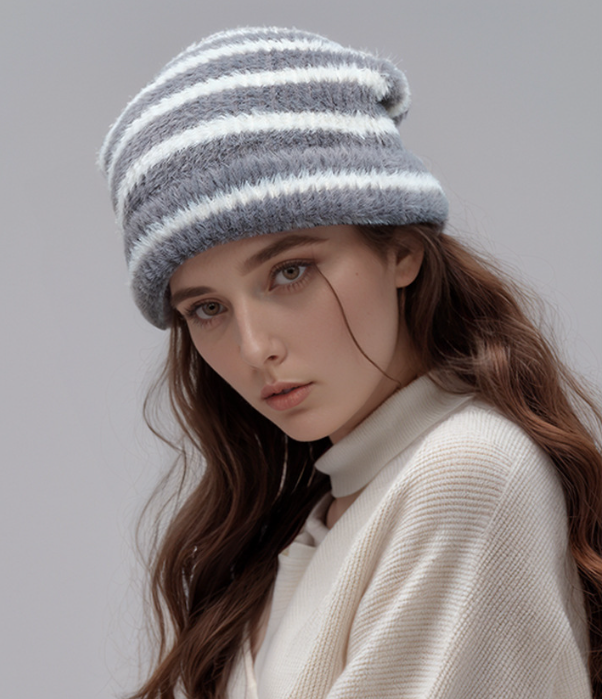 Trendy Dual-Tone Striped Beanie - Soft Plush Knit, Versatile Winter Cap (Gray and white) V888-ELOSUNG31024