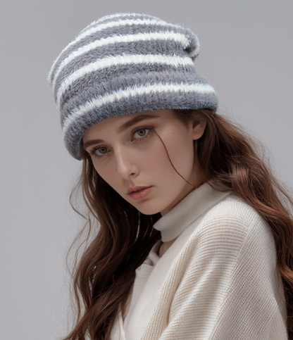 Trendy Dual-Tone Striped Beanie - Soft Plush Knit, Versatile Winter Cap (Gray and white) V888-ELOSUNG31024