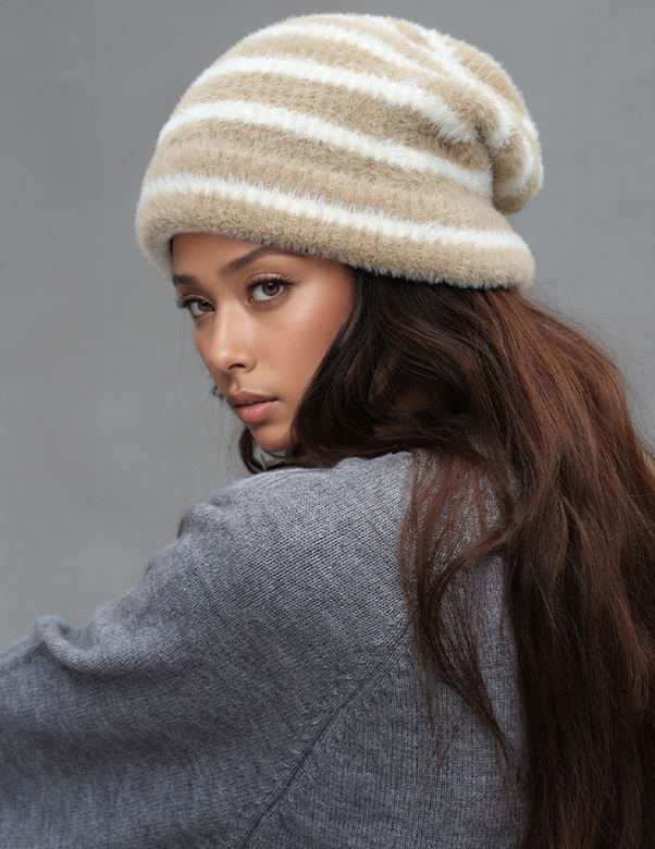 Trendy Dual-Tone Striped Beanie - Soft Plush Knit, Versatile Winter Cap (Khaki and white) V888-ELOSUNG31025