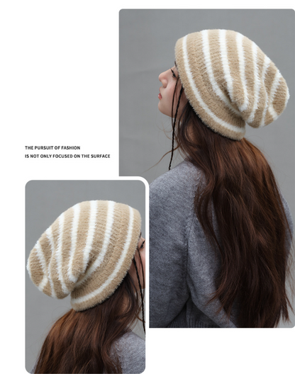 Trendy Dual-Tone Striped Beanie - Soft Plush Knit, Versatile Winter Cap (Khaki and white) V888-ELOSUNG31025