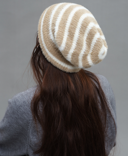 Trendy Dual-Tone Striped Beanie - Soft Plush Knit, Versatile Winter Cap (Khaki and white) V888-ELOSUNG31025