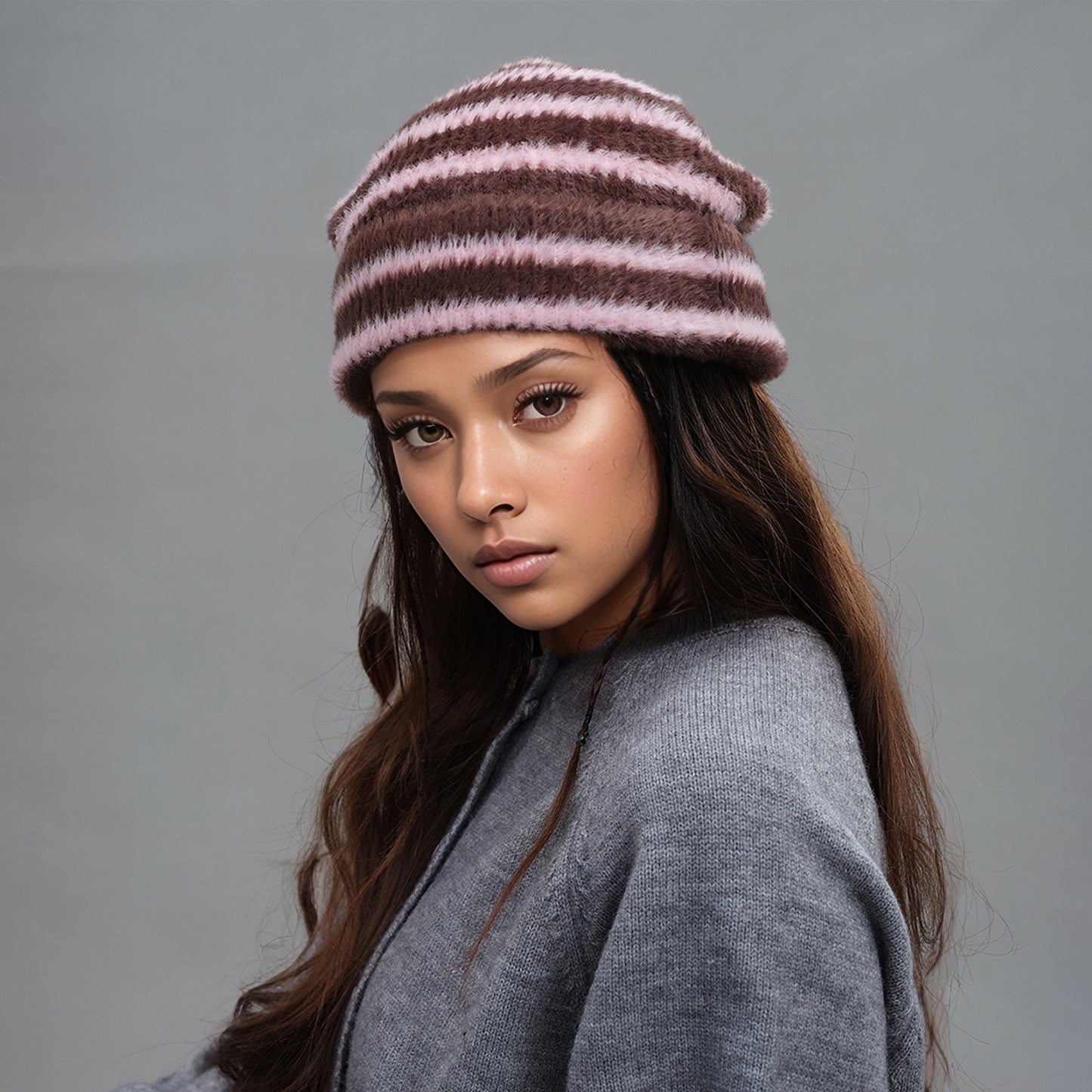 Trendy Dual-Tone Striped Beanie - Soft Plush Knit, Versatile Winter Cap (Pink and brown) V888-ELOSUNG31026