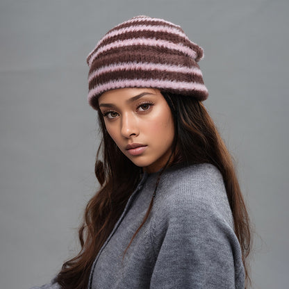 Trendy Dual-Tone Striped Beanie - Soft Plush Knit, Versatile Winter Cap (Pink and brown) V888-ELOSUNG31026