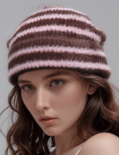 Trendy Dual-Tone Striped Beanie - Soft Plush Knit, Versatile Winter Cap (Pink and brown) V888-ELOSUNG31026