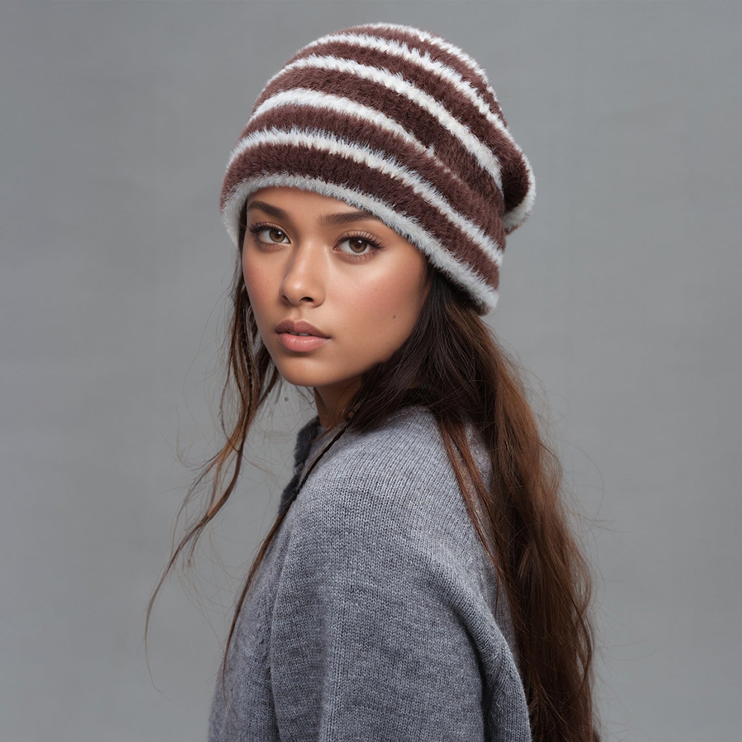 Trendy Dual-Tone Striped Beanie - Soft Plush Knit, Versatile Winter Cap (Brown and white) V888-ELOSUNG31027