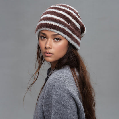 Trendy Dual-Tone Striped Beanie - Soft Plush Knit, Versatile Winter Cap (Brown and white) V888-ELOSUNG31027
