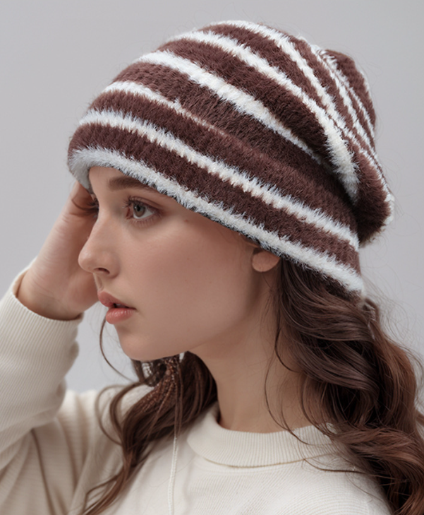 Trendy Dual-Tone Striped Beanie - Soft Plush Knit, Versatile Winter Cap (Brown and white) V888-ELOSUNG31027
