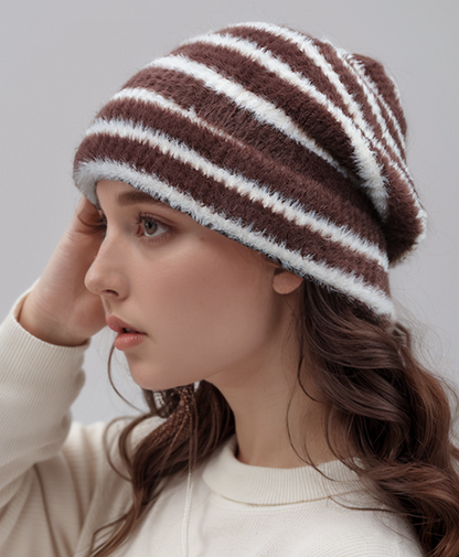 Trendy Dual-Tone Striped Beanie - Soft Plush Knit, Versatile Winter Cap (Brown and white) V888-ELOSUNG31027