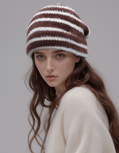 Trendy Dual-Tone Striped Beanie - Soft Plush Knit, Versatile Winter Cap (Brown and white) V888-ELOSUNG31027