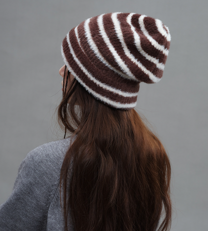 Trendy Dual-Tone Striped Beanie - Soft Plush Knit, Versatile Winter Cap (Brown and white) V888-ELOSUNG31027