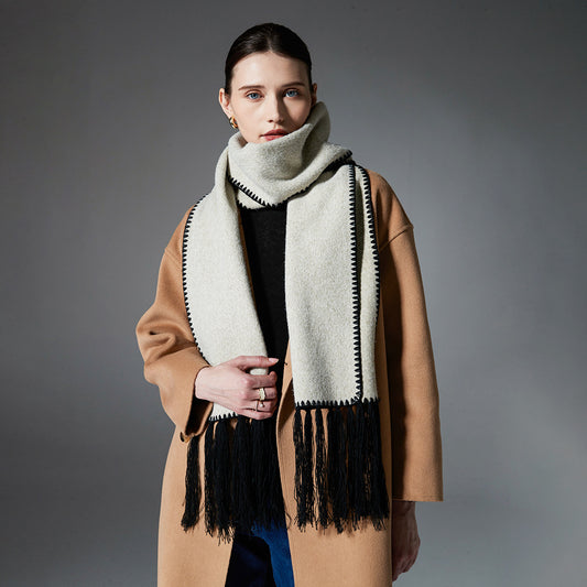 Beige Contrast Edge & Tassel Scarf - Chic Autumn/Winter Neckwear (190x30cm) V888-ELOSUNG31029