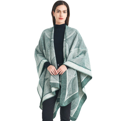 Green Geometric Print Cape - Cozy Knit Poncho for Women (165x130cm) V888-ELOSUNG31047