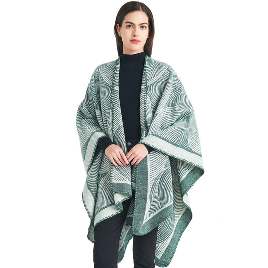 Green Geometric Print Cape - Cozy Knit Poncho for Women (165x130cm) V888-ELOSUNG31047