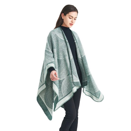 Green Geometric Print Cape - Cozy Knit Poncho for Women (165x130cm) V888-ELOSUNG31047