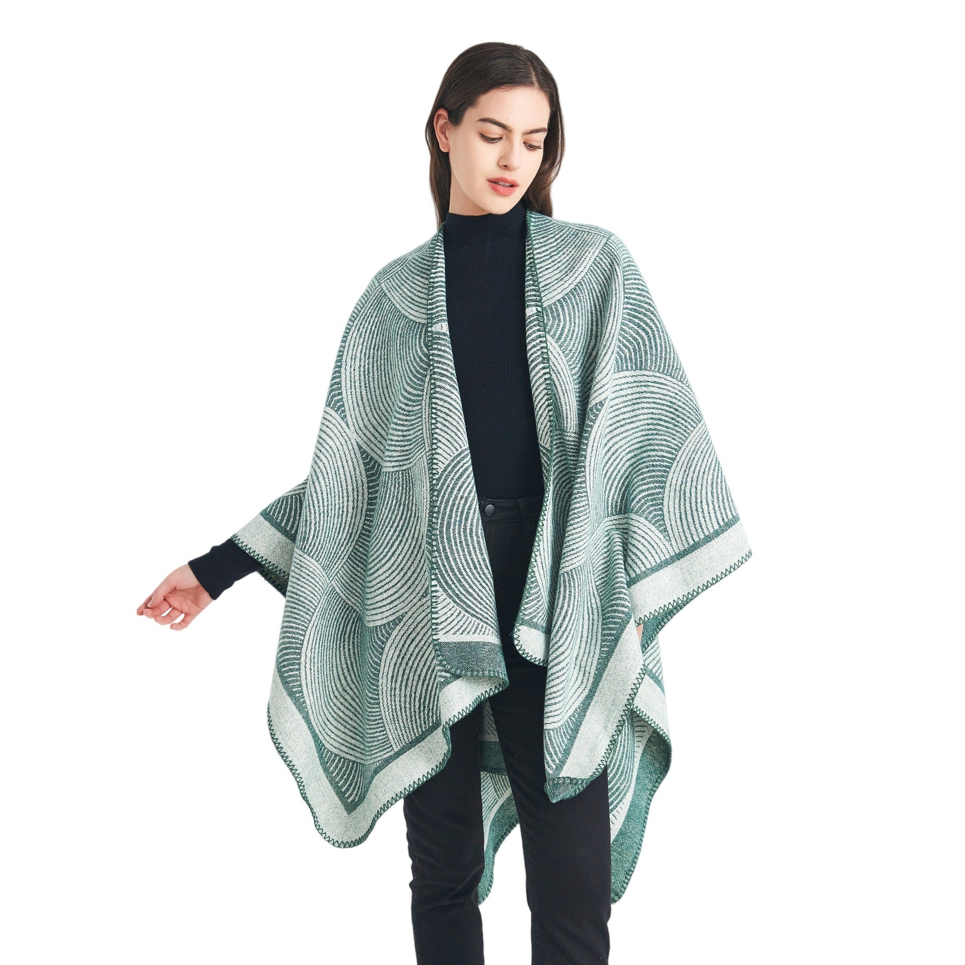 Green Geometric Print Cape - Cozy Knit Poncho for Women (165x130cm) V888-ELOSUNG31047