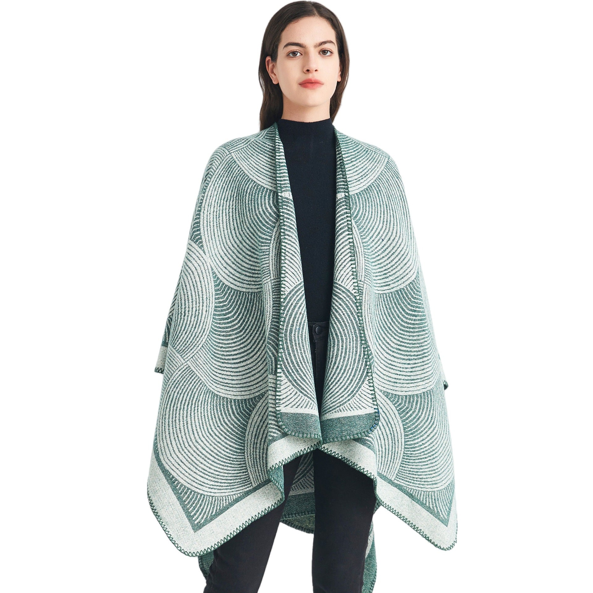 Green Geometric Print Cape - Cozy Knit Poncho for Women (165x130cm) V888-ELOSUNG31047