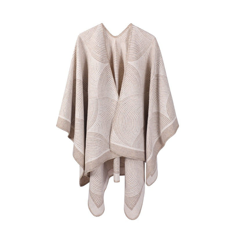 Khaki Geometric Print Cape - Cozy Knit Poncho for Women (165x130cm) V888-ELOSUNG31048