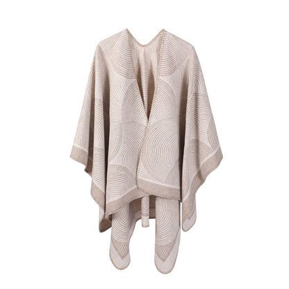 Khaki Geometric Print Cape - Cozy Knit Poncho for Women (165x130cm) V888-ELOSUNG31048