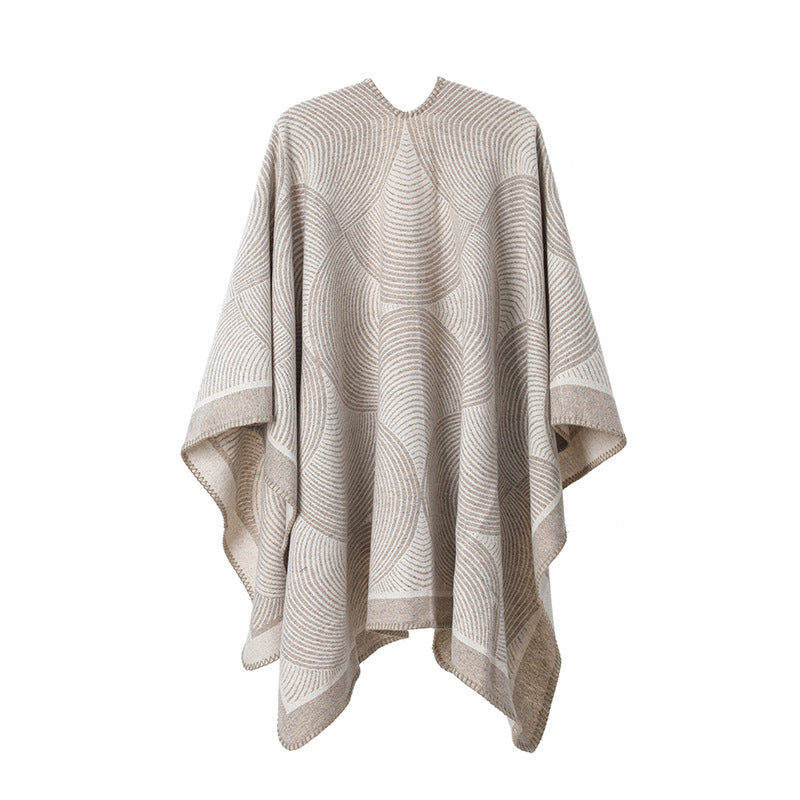 Khaki Geometric Print Cape - Cozy Knit Poncho for Women (165x130cm) V888-ELOSUNG31048