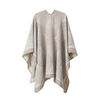 Khaki Geometric Print Cape - Cozy Knit Poncho for Women (165x130cm) V888-ELOSUNG31048