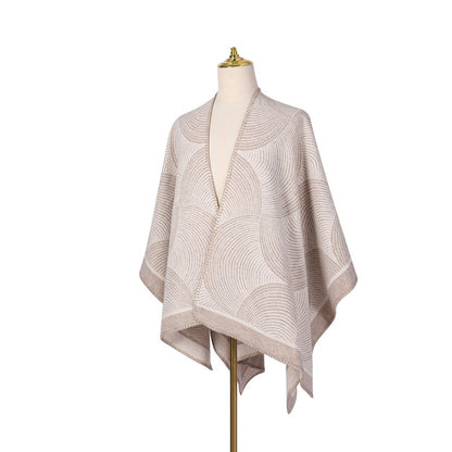 Khaki Geometric Print Cape - Cozy Knit Poncho for Women (165x130cm) V888-ELOSUNG31048