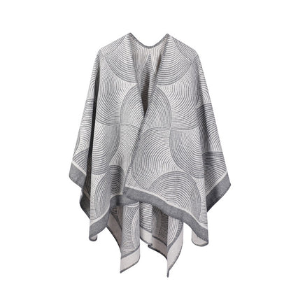 Grey Geometric Print Cape - Cozy Knit Poncho for Women (165x130cm) V888-ELOSUNG31049