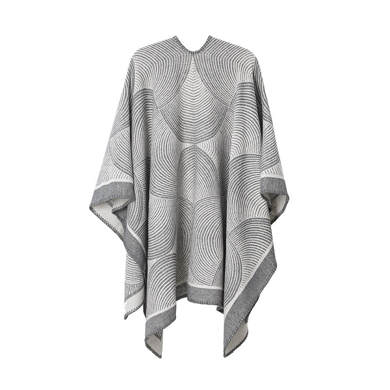 Grey Geometric Print Cape - Cozy Knit Poncho for Women (165x130cm) V888-ELOSUNG31049