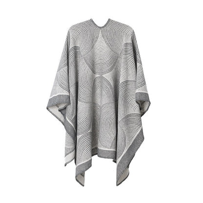 Grey Geometric Print Cape - Cozy Knit Poncho for Women (165x130cm) V888-ELOSUNG31049