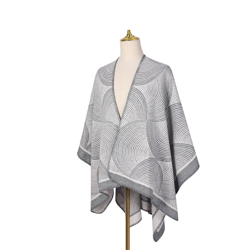 Grey Geometric Print Cape - Cozy Knit Poncho for Women (165x130cm) V888-ELOSUNG31049
