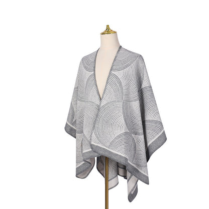 Grey Geometric Print Cape - Cozy Knit Poncho for Women (165x130cm) V888-ELOSUNG31049