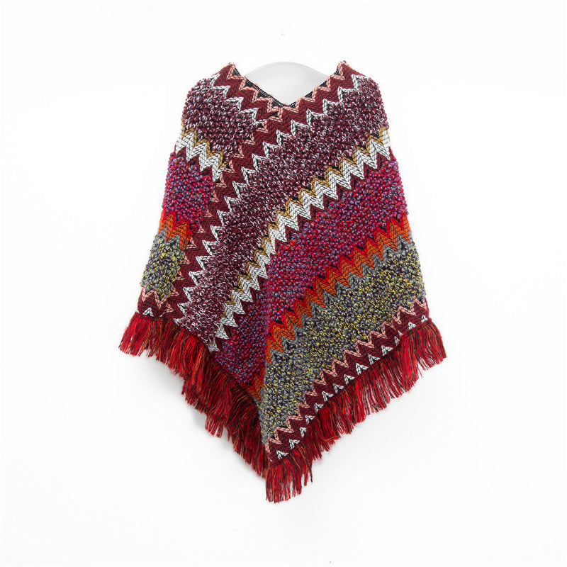 Wine red Lightweight Chevron Knit Poncho for Women - Elegant Fringed Shawl Wrap V888-ELOSUNG31052